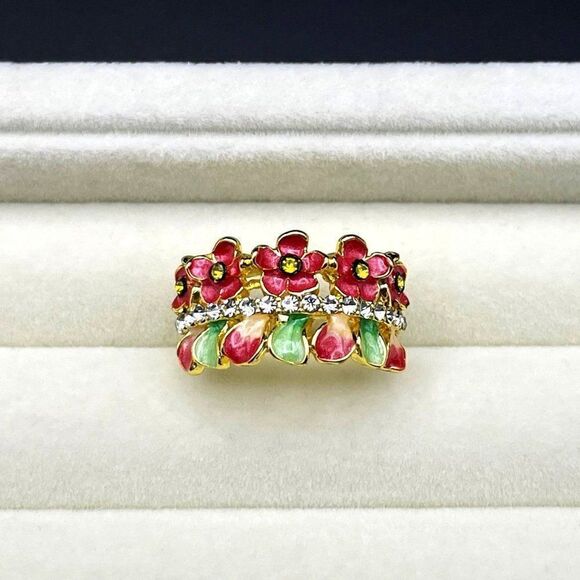 Yellow Gold with Citrine and Diamond Crystal Enamel Leaf and Flower Ring Size 6 - Picture 3 of 12